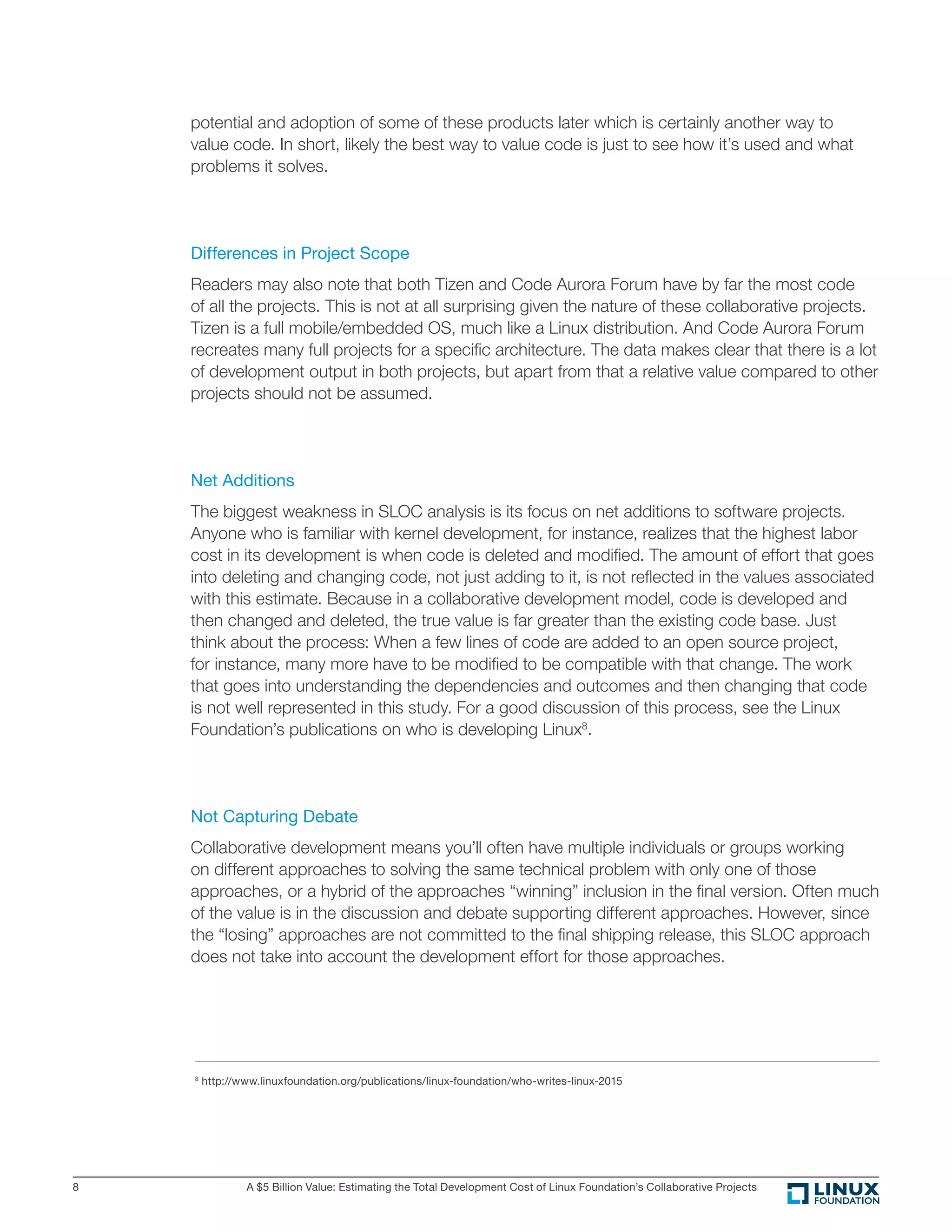 A $5 Billion Value: Estimating the Total Development Cost of Linux Foundation’s Collaborative Projects8
potential and adoption of some of these products later which is certainly another way to
value code. In short, likely the best way to value code is just to see how it’s used and what
problems it solves.
Differences in Project Scope
Readers may also note that both Tizen and Code Aurora Forum have by far the most code
of all the projects. This is not at all surprising given the nature of these collaborative projects.
Tizen is a full mobile/embedded OS, much like a Linux distribution. And Code Aurora Forum
recreates many full projects for a speciﬁc architecture. The data makes clear that there is a lot
of development output in both projects, but apart from that a relative value compared to other
projects should not be assumed.
Net Additions
The biggest weakness in SLOC analysis is its focus on net additions to software projects.
Anyone who is familiar with kernel development, for instance, realizes that the highest labor
cost in its development is when code is deleted and modiﬁed. The amount of effort that goes
into deleting and changing code, not just adding to it, is not reﬂected in the values associated
with this estimate. Because in a collaborative development model, code is developed and
then changed and deleted, the true value is far greater than the existing code base. Just
think about the process: When a few lines of code are added to an open source project,
for instance, many more have to be modiﬁed to be compatible with that change. The work
that goes into understanding the dependencies and outcomes and then changing that code
is not well represented in this study. For a good discussion of this process, see the Linux
Foundation’s publications on who is developing Linux8
.
Not Capturing Debate
Collaborative development means you’ll often have multiple individuals or groups working
on different approaches to solving the same technical problem with only one of those
approaches, or a hybrid of the approaches “winning” inclusion in the ﬁnal version. Often much
of the value is in the discussion and debate supporting different approaches. However, since
the “losing” approaches are not committed to the ﬁnal shipping release, this SLOC approach
does not take into account the development effort for those approaches.
8
http://www.linuxfoundation.org/publications/linux-foundation/who-writes-linux-2015
 