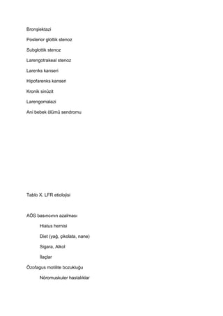 Bron9iektazi
Posterior glottik stenoz
Subglottik stenoz
Larengotrakeal stenoz
Larenks kanseri
Hipofarenks kanseri
Kronik sinüzit
Larengomalazi
Ani bebek ölümü sendromu
Tablo X. LFR etiolojisi
AÖS bas$nc$n$n azalmas$
Hiatus hernisi
Diet (ya4, çikolata, nane)
Sigara, Alkol
laçlar
Özofagus motilite bozuklu4u
Nöromuskuler hastal$klar
 