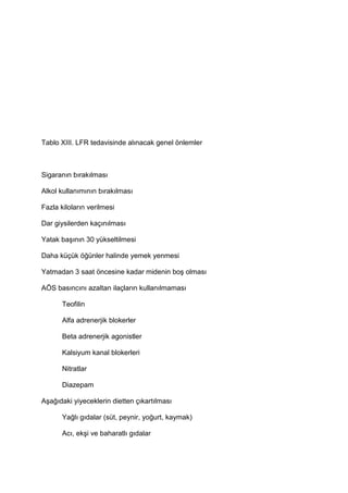 Tablo XIII. LFR tedavisinde al$nacak genel önlemler
Sigaran$n b$rak$lmas$
Alkol kullan$m$n$n b$rak$lmas$
Fazla kilolar$n verilmesi
Dar giysilerden kaç$n$lmas$
Yatak ba9$n$n 30 yükseltilmesi
Daha küçük ö4ünler halinde yemek yenmesi
Yatmadan 3 saat öncesine kadar midenin bo9 olmas$
AÖS bas$nc$n$ azaltan ilaçlar$n kullan$lmamas$
Teofilin
Alfa adrenerjik blokerler
Beta adrenerjik agonistler
Kalsiyum kanal blokerleri
Nitratlar
Diazepam
A9a4$daki yiyeceklerin dietten ç$kart$lmas$
Ya4l$ g$dalar (süt, peynir, yo4urt, kaymak)
Ac$, ek9i ve baharatl$ g$dalar
 