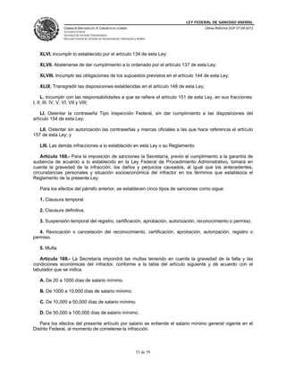 LEY FEDERAL DE SANIDAD ANIMAL
               CÁMARA DE DIPUTADOS DEL H. CONGRESO DE LA UNIÓN                                   Última Reforma DOF 07-06-2012
               Secretaría General
               Secretaría de Servicios Parlamentarios
               Dirección General de Servicios de Documentación, Información y Análisis




   XLVI. Incumplir lo establecido por el artículo 134 de esta Ley;

   XLVII. Abstenerse de dar cumplimiento a lo ordenado por el artículo 137 de esta Ley;

   XLVIII. Incumplir las obligaciones de los supuestos previstos en el artículo 144 de esta Ley;

   XLIX. Transgredir las disposiciones establecidas en el artículo 148 de esta Ley;

     L. Incumplir con las responsabilidades a que se refiere el artículo 151 de esta Ley, en sus fracciones:
I, II, III, IV, V, VI, VII y VIII;

    LI. Ostentar la contraseña Tipo Inspección Federal, sin dar cumplimiento a las disposiciones del
artículo 154 de esta Ley;

   LII. Ostentar sin autorización las contraseñas y marcas oficiales a las que hace referencia el artículo
157 de esta Ley; y

   LIII. Las demás infracciones a lo establecido en esta Ley o su Reglamento.

    Artículo 168.- Para la imposición de sanciones la Secretaría, previo el cumplimiento a la garantía de
audiencia de acuerdo a lo establecido en la Ley Federal de Procedimiento Administrativo, tomará en
cuenta la gravedad de la infracción, los daños y perjuicios causados, al igual que los antecedentes,
circunstancias personales y situación socioeconómica del infractor en los términos que establezca el
Reglamento de la presente Ley.

   Para los efectos del párrafo anterior, se establecen cinco tipos de sanciones como sigue:

   1. Clausura temporal.

   2. Clausura definitiva.

   3. Suspensión temporal del registro, certificación, aprobación, autorización, reconocimiento o permiso.

   4. Revocación o cancelación del reconocimiento, certificación, aprobación, autorización, registro o
permiso.

   5. Multa.

   Artículo 169.- La Secretaría impondrá las multas teniendo en cuenta la gravedad de la falta y las
condiciones económicas del infractor, conforme a la tabla del artículo siguiente y de acuerdo con el
tabulador que se indica.

   A. De 20 a 1000 días de salario mínimo.

   B. De 1000 a 10,000 días de salario mínimo.

   C. De 10,000 a 50,000 días de salario mínimo.

   D. De 50,000 a 100,000 días de salario mínimo.

   Para los efectos del presente artículo por salario se entiende el salario mínimo general vigente en el
Distrito Federal, al momento de cometerse la infracción.



                                                                             53 de 59
 