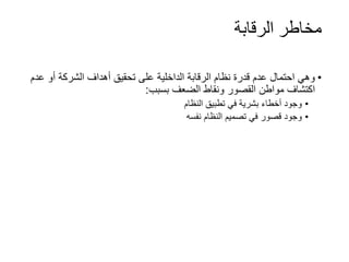 ‫الرقابة‬ ‫مخاطر‬
•
‫أو‬ ‫الشركة‬ ‫أهداف‬ ‫تحقيق‬ ‫على‬ ‫الداخلية‬ ‫الرقابة‬ ‫نظام‬ ‫قدرة‬ ‫عدم‬ ‫احتمال‬ ‫وهي‬
‫عدم‬
‫بسبب‬ ‫الضعف‬ ‫ونقاط‬ ‫القصور‬ ‫مواطن‬ ‫اكتشاف‬
:
•
‫النظام‬ ‫تطبيق‬ ‫في‬ ‫بشرية‬ ‫أخطاء‬ ‫وجود‬
•
‫نفسه‬ ‫النظام‬ ‫تصميم‬ ‫في‬ ‫قصور‬ ‫وجود‬
 