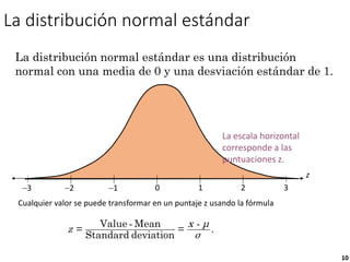10
3 1
2 1 0 2 3
z
La distribución normal estándar
La distribución normal estándar es una distribución
normal con una media de 0 y una desviación estándar de 1.
Cualquier valor se puede transformar en un puntaje z usando la fórmula
La escala horizontal
corresponde a las
puntuaciones z.
- -
Value Mean
= = .
Standard deviation
x μ
z
σ
 