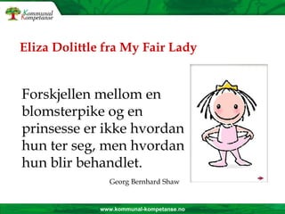 Eliza Dolittle fra My Fair Lady Forskjellen mellom en blomsterpike og en prinsesse er ikke hvordan hun ter seg, men hvordan hun blir behandlet.     Georg Bernhard Shaw 