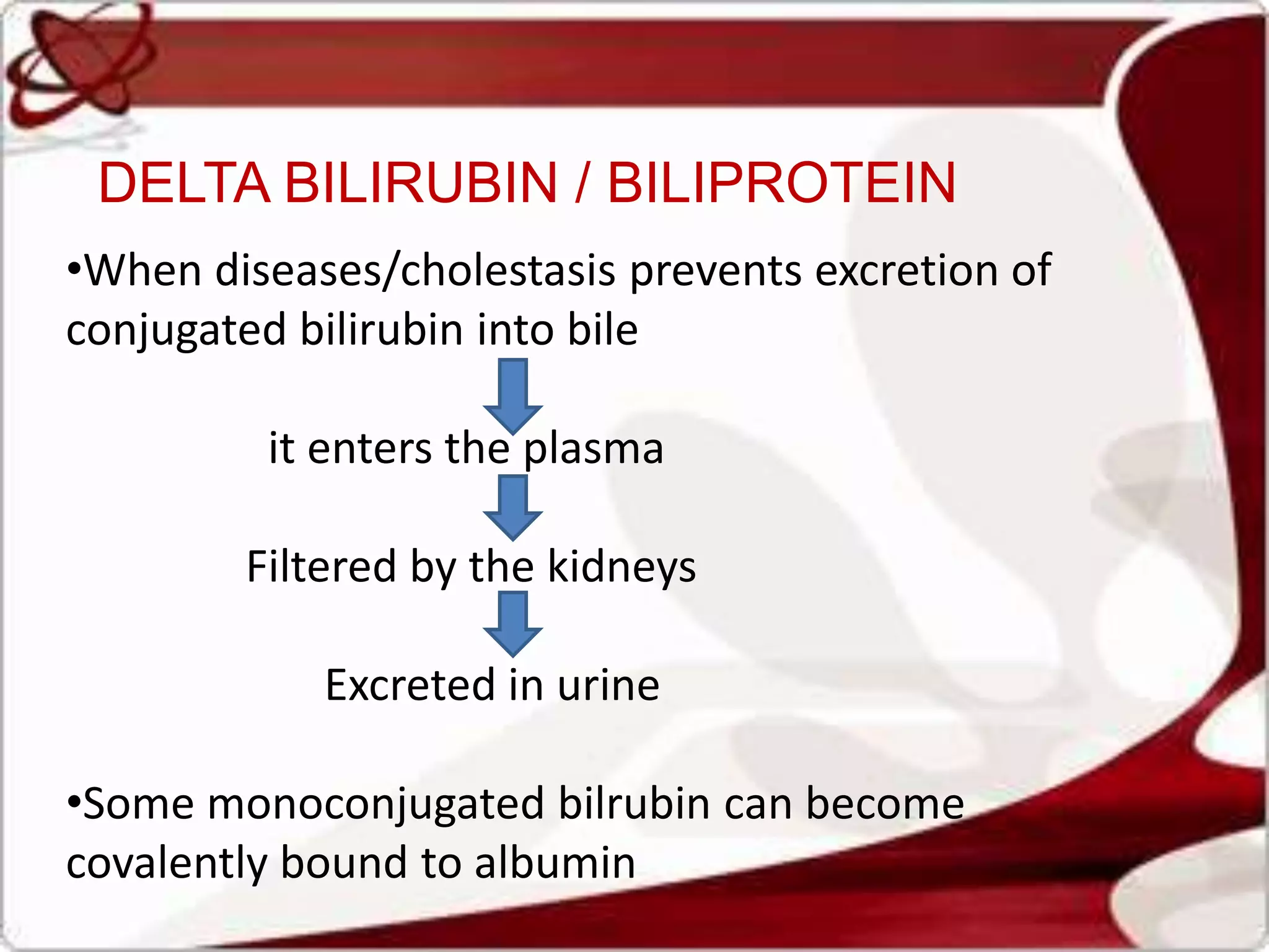 DELTA BILIRUBIN / BILIPROTEIN
•When diseases/cholestasis prevents excretion of
conjugated bilirubin into bile
it enters the plasma
Filtered by the kidneys
Excreted in urine
•Some monoconjugated bilrubin can become
covalently bound to albumin
 