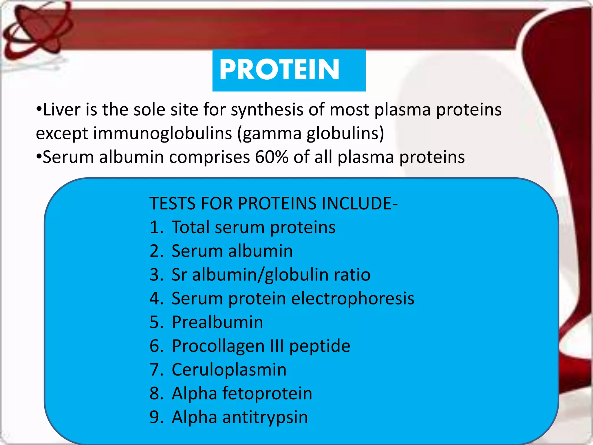 PROTEIN
•Liver is the sole site for synthesis of most plasma proteins
except immunoglobulins (gamma globulins)
•Serum albumin comprises 60% of all plasma proteins
TESTS FOR PROTEINS INCLUDE-
1. Total serum proteins
2. Serum albumin
3. Sr albumin/globulin ratio
4. Serum protein electrophoresis
5. Prealbumin
6. Procollagen III peptide
7. Ceruloplasmin
8. Alpha fetoprotein
9. Alpha antitrypsin
 