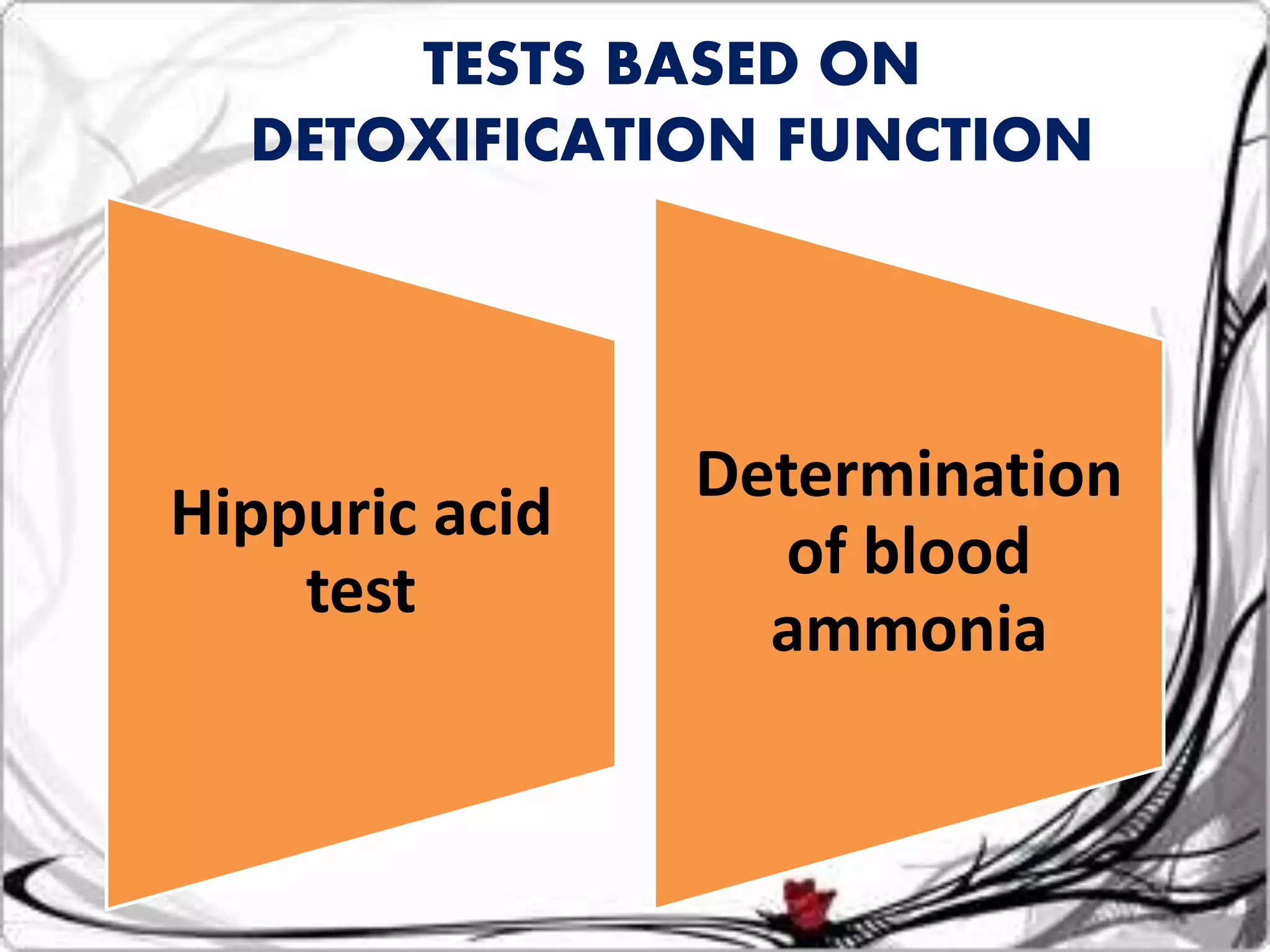 Hippuric acid
test
Determination
of blood
ammonia
TESTS BASED ON
DETOXIFICATION FUNCTION
 
