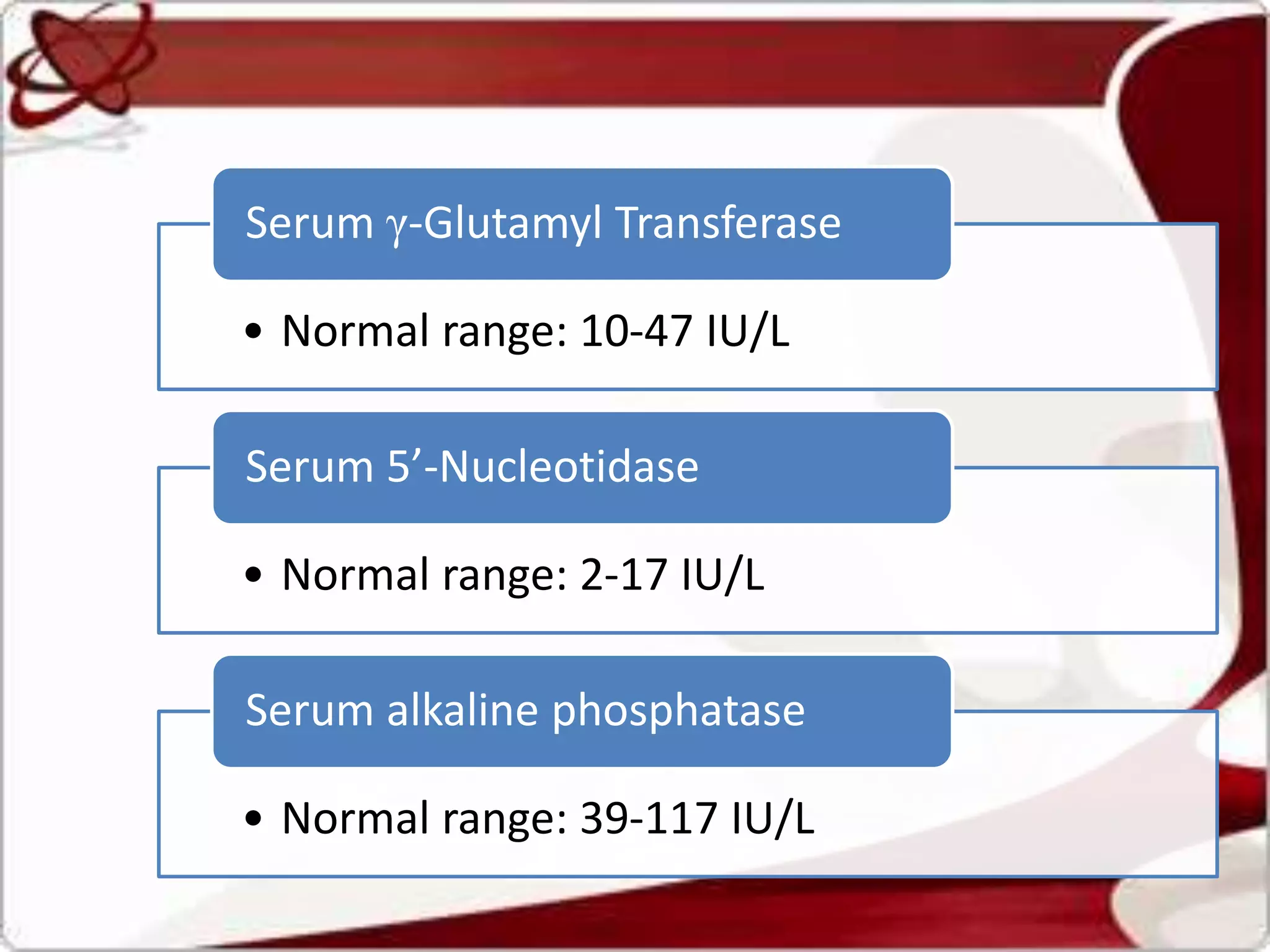 • Normal range: 10-47 IU/L
Serum γ-Glutamyl Transferase
• Normal range: 2-17 IU/L
Serum 5’-Nucleotidase
• Normal range: 39-117 IU/L
Serum alkaline phosphatase
 