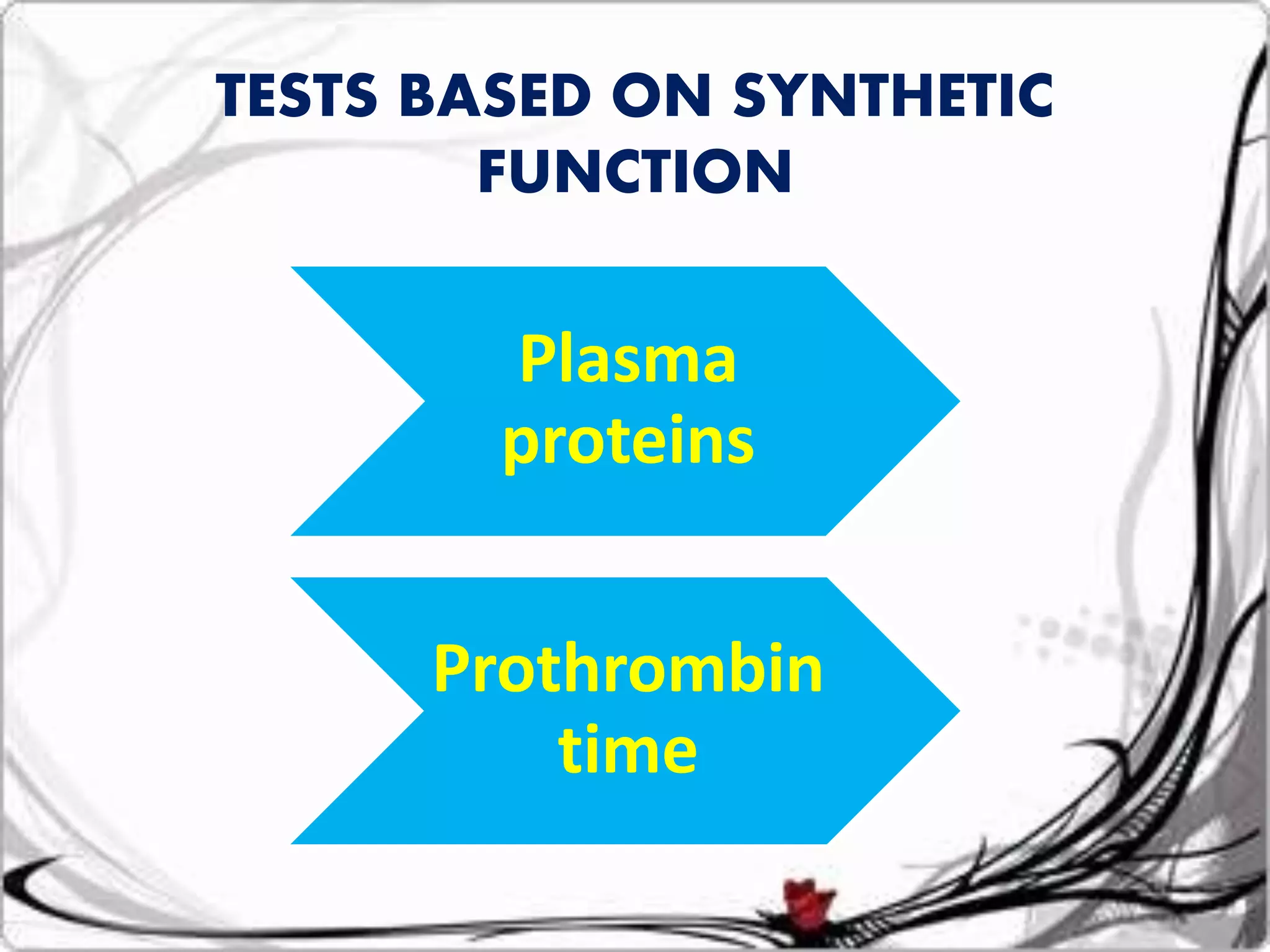 Plasma
proteins
Prothrombin
time
TESTS BASED ON SYNTHETIC
FUNCTION
 