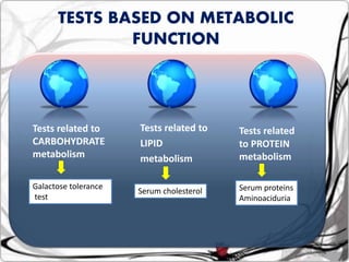 Tests related to
CARBOHYDRATE
metabolism
Tests related to
LIPID
metabolism
Tests related
to PROTEIN
metabolism
Galactose tolerance
test
Serum cholesterol Serum proteins
Aminoaciduria
TESTS BASED ON METABOLIC
FUNCTION
 