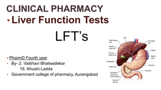 CLINICAL PHARMACY
• Liver Function Tests
LFT’s
 PharmD Fourth year
• By- 2. Vaibhavi Bhatwadekar
15. Khushi Ladda
• Government college of pharmacy, Aurangabad
 