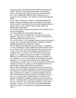 continuously along the cylindrical former, bonding the warp-like and
weft-like threads at their crossing points while on the cylindrical
former, while leaving the threads in each layer relatively free from
each other, longitudinally slitting the fabric continuously as it is
produced by such bonding, and winding the same onto the take-off
rollers.
In the method aforesaid an adhesive is preferably applied to the
weft-like threads immediately prior to the contact of such threads
with the warp-like threads and bonding is ensured by applying heat and
rolling pressure to the weft-like threads, rolling being in the
direction of the weft threads.
The invention further comprises the apparatus and the product of such
process and apparatus.
In the drawing filed with the provisional specification:-
Fig 1 is a plan; Fig 2 is a side elevation; and Figs 3 and 4 are end
elevations showing one example of a machine for carrying out the
method according to the present invention.
The machine shown in the drawings comprises an outer framework 10
carrying pairs of grooved supporting rollers 11 adapted to support a
rotatable assembly by its encircling No 11918/54.
784,710 flanges as described later Two of the rollers 11 indicated as
11 a are connected by a shaft 12 adapted to be driven through chain 13
by an electric motor 14 At the left hand end of the machine, as seen
in Figs I and 2 the body of the rotatable assembly consists of a
cylindrical former 15 to each end of which are secured circular
flanges 16, 17, adapted for support by the rollers 11, lie, aforesaid.
Attached to the outer end of the flange 16 are pairs of brackets 18,
18 a adapted to carry two warp beams 19, the brackets 18 a having
extensions 18 b to carry tension springs 20 for a letoff brake 21
complementary to brake drums 21 a The warp threads from the beams,
indicated by the lines 22, spread to cover the cylindrical former and
pass through a guiding reed 23 fixed to the said former.
About midway of the length of the said former and at one side of the
machine is a creel 24 holding packages 25 (six of these being shown on
the drawing) the weft-like threads 26 which pass through guides 27
before contacting the surface of an adhesive applicator roller 28
which latter rests against the warp threads on the said former and on
the top of a pick-up roller 29 associated with a bath 30 for the
adhesive The roller 29 is adapted to be driven by chain 30 a from the
shaft 12 The threads 26 are caused to be wrapped in spiral form onto
the warp threads on the surface of the said former, in cumulative
formation, as shown in Fig 2, to build up a complete weftlike layer
Within this portion of 'de said former are stationary steam heating
coils 31.
 