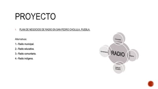 1. PLAN DE NEGOCIOS DE RADIO EN SAN PEDRO CHOLULA, PUEBLA.
Alternativas:
1.- Radio municipal.
2.- Radio educativa.
3.- Radio comunitaria.
4.- Radio indígena.
 