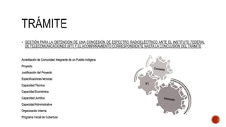  GESTIÓN PARA LA OBTENCIÓN DE UNA CONCESIÓN DE ESPECTRO RADIOELÉCTRICO ANTE EL INSTITUTO FEDERAL
DE TELECOMUNICACIONES (IFT) Y EL ACOMPAÑAMIENTO CORRESPONDIENTE HASTA LA CONCLUSIÓN DEL TRÁMITE
Acreditación de Comunidad Integrante de un Pueblo Indígena
Proyecto
Justificación del Proyecto
Especificaciones técnicas
Capacidad Técnica
Capacidad Económica
Capacidad Jurídica
Capacidad Administrativa
Organización interna
Programa Inicial de Cobertura
 