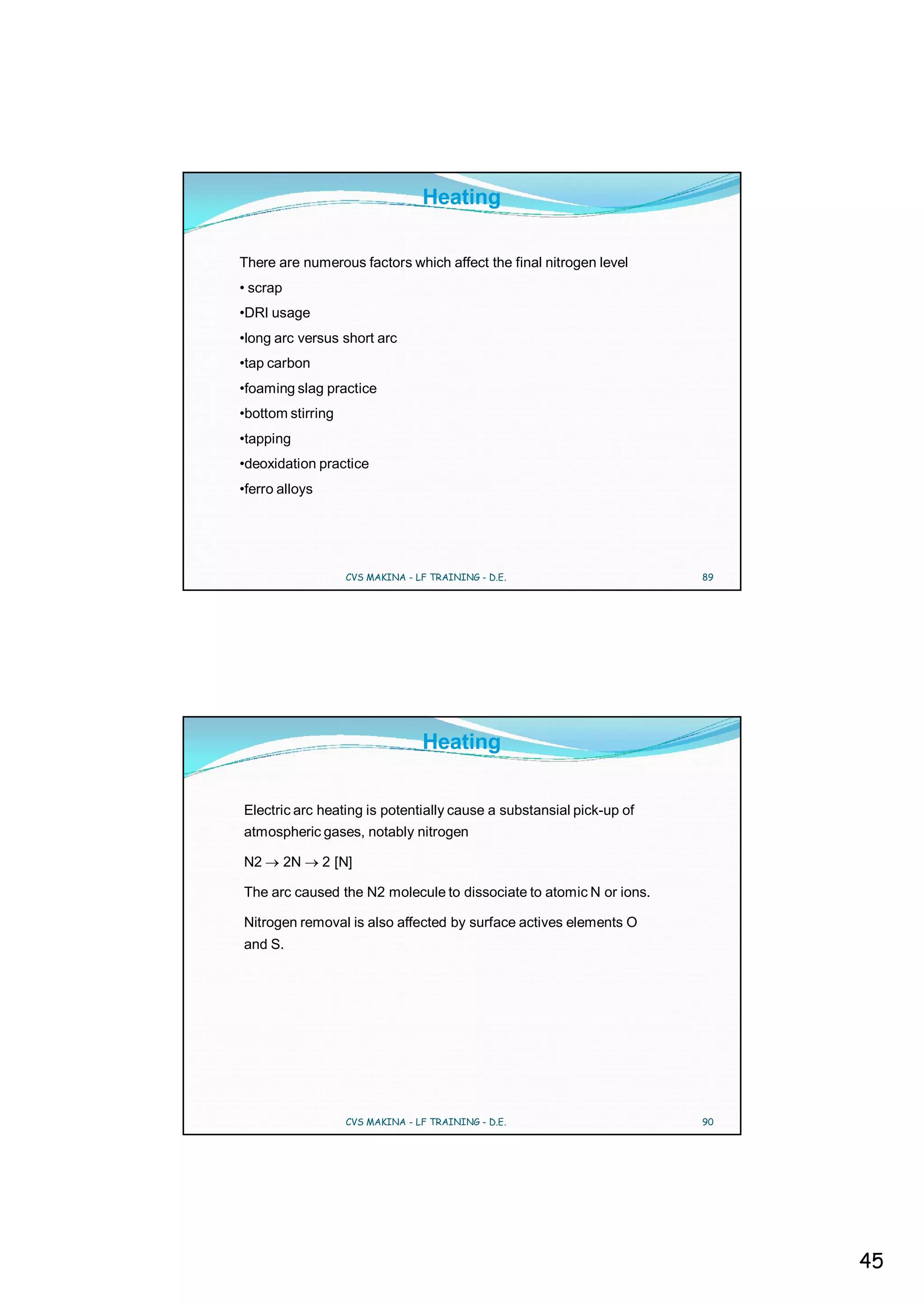 Heating

There are numerous factors which affect the final nitrogen level
• scrap
•DRI usage
•long arc versus short arc
•tap carbon
•foaming slag practice
•bottom stirring
•tapping
•deoxidation practice
•ferro alloys




                   CVS MAKINA - LF TRAINING - D.E.                   89




                                 Heating


Electric arc heating is potentially cause a substansial pick-up of
atmospheric gases, notably nitrogen

N2        2N    2 [N]

The arc caused the N2 molecule to dissociate to atomic N or ions.

Nitrogen removal is also affected by surface actives elements O
and S.




                   CVS MAKINA - LF TRAINING - D.E.                   90




                                                                          45
 