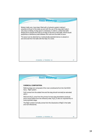 Basic Metallurgy

Modern ladle cars ,have been fitted with a hydraulic system making it
possible,to tilt part of the ladle car,and with the use of the slag rake make it
very easy to deslag. A slag spout is necessary in order to protect the ladle
flange and to prevent the build up of slag on the brim of the ladle. Which would
jeopardize a satisfactory seal between the roofs and the ladle furnace..
The spout can be attached by a hydraulically operated device or placed on
and removed from the ladle with the help of a crane.




                       CVS MAKINA - LF TRAINING - D.E.                               27




                            Basic Metallurgy


   CHEMICAL COMPOSITION.
   Refining slags are composed of the main constituents from the Ca0-SiO2-
   Al2O3 - MgO system.
   CaO comes from the added lime and the slag should normally be saturated
   with it.
   SiO2 and Al2O3 come from the primary furnace slag,deoxidation products
   and,to some extent from the refractory wear, Al2O3 is also an important flux in
   many synthetic slags.
   The MgO content normally comes from the dissolution of MgO in the ladle
   and roof refractories.




                       CVS MAKINA - LF TRAINING - D.E.                               28




                                                                                          14
 