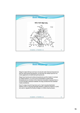 Basic Metallurgy




                    CVS MAKINA - LF TRAINING - D.E.                            31




                         Basic Metallurgy


Slags for steel refining must have not only the right chemical character but
also the right liquidus temperature, so that they are readily liquid but not
overly aggressive at steelmaking temperatures.
Slags have liquidus and solidus temperatures just like metals.In contrast
to metals however, it is much more complicated to predict these
temperatures as a function of the chemical composition, because there is
a much stronger interaction between the slag constituents than between
metal constituents.
Even if a slag is liquid,it may have such a high viscosity,that further
addition of flux is required.Generally speaking ,additions of Al2O3 or CaF2
are used to regulate the fluidity of slags on a rather empirical basis.




                    CVS MAKINA - LF TRAINING - D.E.                            32




                                                                                    16
 