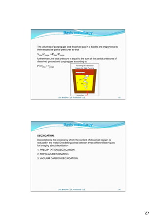 Basic metallurgy


The volumes of purging gas and dissolved gas in a bubble are proportional to
their respective partial pressures so that
Vdiss/Vpurge =Pdiss/ Ppurge
furthermore ,the total pressure is equal to the sum of the partial pressures of
dissolved gas(es) and purging gas according to
P=Pdiss +Ppurge                         Flushing of Dissolved
                                        Gases by G as Purging

                                        Layer Of S urfactant




                                                2N             p N2


                                          T        2H            p H2




                                         Stirring Gas

                     CVS MAKINA - LF TRAINING - D.E.                              53




                          Basic metallurgy

DEOXIDATION.
Deoxidation is the process by which the content of dissolved oxygen is
reduced in the metal.One distinguishes between three different techniques
for bringing about deoxidation
1. PRECIPITATION DEOXIDATION
2. TOP SLAG DEOXIDATION.
3. VACUUM CARBON DEOXIDATION.




                     CVS MAKINA - LF TRAINING - D.E.                              54




                                                                                       27
 