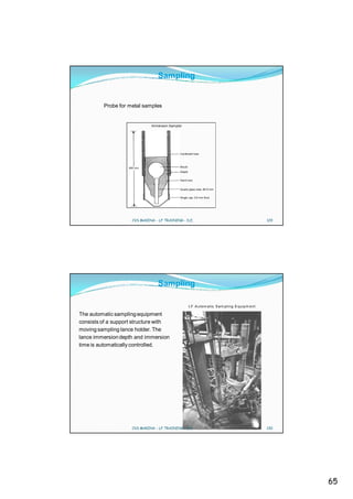 Sampling


         Probe for metal samples


                              Immersion Sampler




                                              Cardboard tube




                   900 mm                     Mould
                                              Staple


                                              Sand core


                                              Quartz glass tube, 60*6 mm


                                              Single cap, 0.6 mm thick




                     CVS MAKINA - LF TRAINING - D.E.                                                  129




                                  Sampling

                                                       L F A utom a tic S a m pli ng E qu ip m e nt

The automatic sampling equipment
consists of a support structure with
moving sampling lance holder. The
lance immersion depth and immersion
time is automatically controlled.




                     CVS MAKINA - LF TRAINING - D.E.                                                  130




                                                                                                            65
 