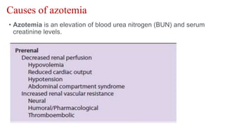 Causes of azotemia
• Azotemia is an elevation of blood urea nitrogen (BUN) and serum
creatinine levels.
 