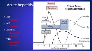 Acute hepatitis
• AST
– Elevated
• ALT
– Elevated
• Alk Phos
– Normal 
Elevated
• T bili
– Normal 
Elevated
http://www.atsu.edu/faculty/chamberlain/Website/lectures/lecture/hepatit2.htm
 