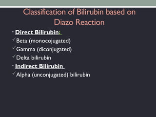 Classification of Bilirubin based on
Diazo Reaction
• Direct Bilirubin:
Beta (monocojugated)
Gamma (diconjugated)
Delta bilirubin
• Indirect Bilirubin
Alpha (unconjugated) bilirubin
 