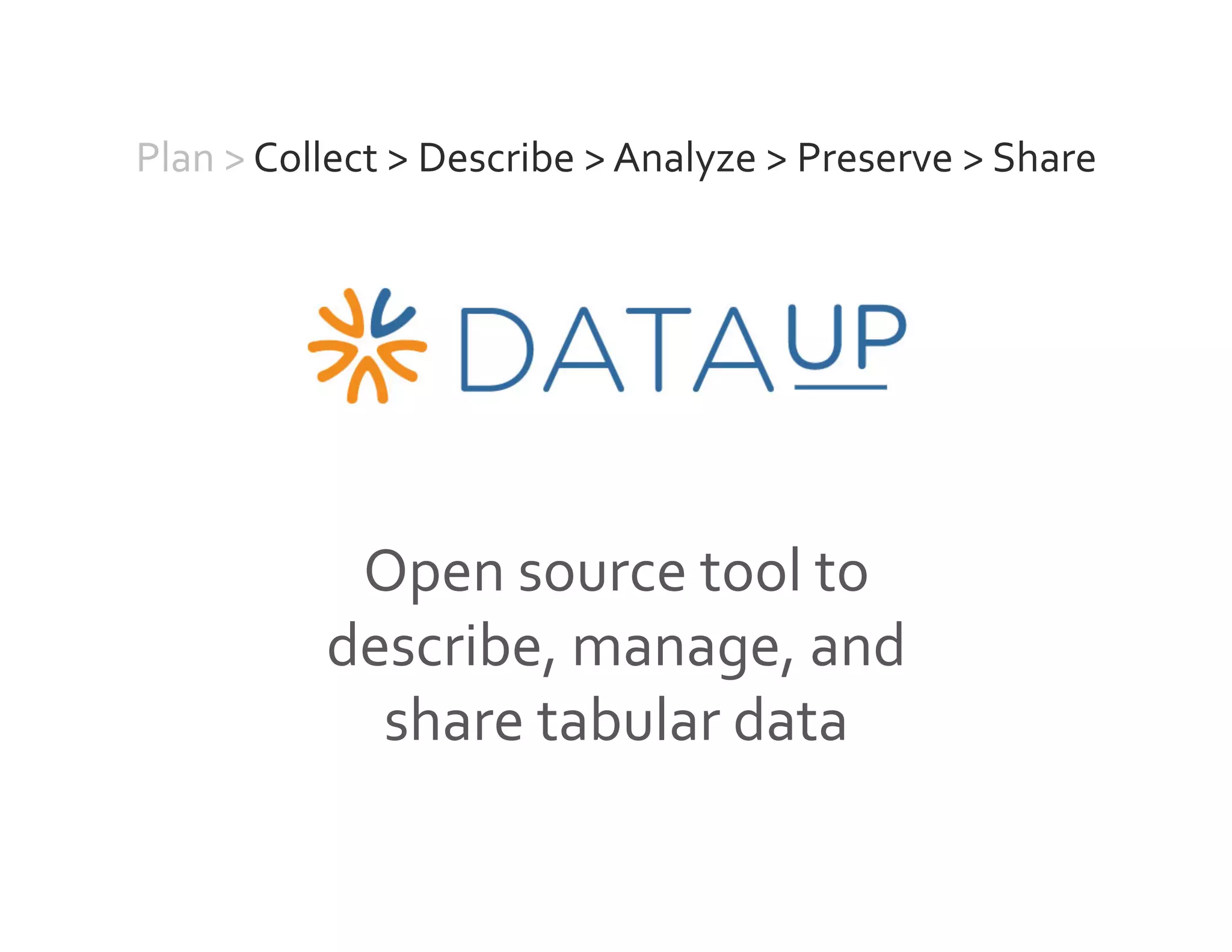 Plan	
  >	
  Collect	
  >	
  Describe	
  >	
  Analyze	
  >	
  Preserve	
  >	
  Share	
  
Open	
  source	
  tool	
  to	
  
describe,	
  manage,	
  and	
  
share	
  tabular	
  data	
  
 