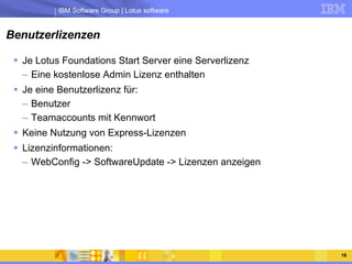 Benutzerlizenzen Je Lotus Foundations Start Server eine Serverlizenz Eine kostenlose Admin Lizenz enthalten Je eine Benutzerlizenz für: Benutzer Teamaccounts mit Kennwort Keine Nutzung von Express-Lizenzen Lizenzinformationen: WebConfig -> SoftwareUpdate -> Lizenzen anzeigen 