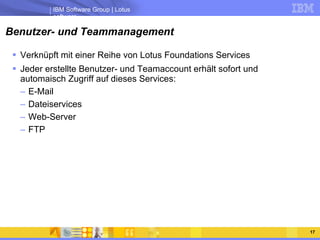 Benutzer- und Teammanagement Verknüpft mit einer Reihe von Lotus Foundations Services Jeder erstellte Benutzer- und Teamaccount erhält sofort und automaisch Zugriff auf dieses Services: E-Mail Dateiservices Web-Server FTP 
