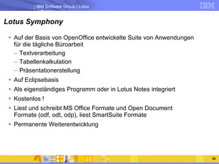 Lotus Symphony Auf der Basis von OpenOffice entwickelte Suite von Anwendungen für die tägliche Büroarbeit Textverarbeitung Tabellenkalkulation Präsentationerstellung Auf Eclipsebasis Als eigenständiges Programm oder in Lotus Notes integriert Kostenlos ! Liest und schreibt MS Office Formate und Open Document Formate (odf, odt, odp), liest SmartSuite Formate Permanente Weiterentwicklung 