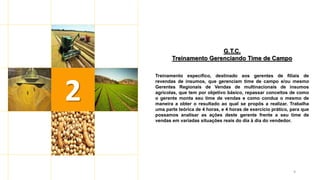 9
2
G.T.C.
Treinamento Gerenciando Time de Campo
Treinamento específico, destinado aos gerentes de filiais de
revendas de insumos, que gerenciam time de campo e/ou mesmo
Gerentes Regionais de Vendas de multinacionais de insumos
agrícolas, que tem por objetivo básico, repassar conceitos de como
o gerente monta seu time de vendas e como conduz o mesmo de
maneira a obter o resultado ao qual se propôs a realizar. Trabalha
uma parte teórica de 4 horas, e 4 horas de exercício prático, para que
possamos analisar as ações deste gerente frente a seu time de
vendas em variadas situações reais do dia à dia do vendedor.
 
