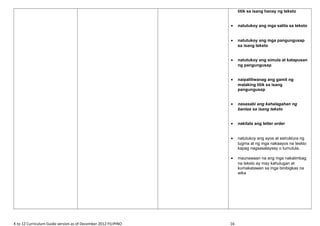 titik sa isang hanay ng teksto
• natutukoy ang mga salita sa teksto
• natutukoy ang mga pangungusap
sa isang teksto
• natutukoy ang simula at katapusan
ng pangungusap
• naipaliliwanag ang gamit ng
malaking titik sa isang
pangungusap
• nasasabi ang kahalagahan ng
bantas sa isang teksto
• nakilala ang letter order
• natutukoy ang ayos at estruktura ng
tugma at ng mga nakaayos na teskto
kapag nagsasalaysay o tumutula.
• maunawaan na ang mga nakalimbag
na teksto ay may kahulugan at
kumakatawan sa mga binibigkas na
wika
K to 12 Curriculum Guide version as of December 2012 FILIPINO 16
 