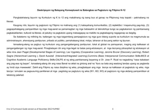 Deskripsyon ng Batayang Konseptuwal na Balangkas sa Pagtuturo ng Filipino K-12
Pangkalahatang layunin ng Kurikulum ng K to 12 ang makalinang ng isang buo at ganap na Pilipinong may kapaki - pakinabang na
literasi.
Kaugnay nito, layunin ng pagtuturo ng Filipino na malinang ang (1) kakayahang komunikatibo, (2) replektibo / mapanuring pag-iisip, (3)
pagpapahalagang pampanitikan ng mga mag-aaral sa pamamagitan ng mga babasahin at teknolohiya tungo sa pagkakaroon ng pambansang
pagkakakilanlan, kultural na literasi, at patuloy na pagkatuto upang makaagapay sa mabilis na pagbabagong nagaganap sa daigdig.
Sa ikatatamo ng mithiing ito, kailangan ng mga kagamitang pampagtuturo ng mga guro bilang suporta sa kurikulum na magmumula sa
administrasyon, ahensiyang panlipunan, pribado at publiko, pamahalaang lokal, midya, tahanan at iba pang sektor ng lipunan.
Isinaalang-alang sa pagbuo ng kurikulum ang pangangailangang panlipunan, lokal at global na pamayanan, maging ang kalikasan at
pangangailangan ng mga mag-aaral. Pinagbatayan din ang mga legal na batas pang-edukasyon, at mga teoryang pilosopikal ng edukasyon at
wika nina Jean Piaget (Developmental Stages of Learning), Leo Vygotsky (Cooperative Learning), Jerome Bruner (Discovery Learning), Robert
Gagne (Heirarchical Learning ), David Ausubel (Interactive/Integrated Learning),Cummins (Basic Interpersonal Communication Skills-BICS at
Cognitive Academic Language Proficiency Skills-CALPS at ng ating pambansang bayaning si Dr. Jose P. Rizal na nagsabing “nasa kabataan
ang pag-asa ng bayan”. Isinaalang-alang din ang nasa Banal na aklat na gintong aral na “Ituro sa bata ang wastong landas upang sa pagtanda
ay hindi siya mawawala”. Dahil ang Filipino ay nasa disiplina ng wika, pinagbatayan ang mga teorya sa kalikasan at pagkatuto ng wika, mga
teorya / simulain sa pagsusuring panliterasi at mga pagdulog sa pagtuturo ng wika (W1, W2, W3) at pagtuturo ng mga akdang pampanitikan at
tekstong palahad.
K to 12 Curriculum Guide version as of December 2012 FILIPINO 3
 