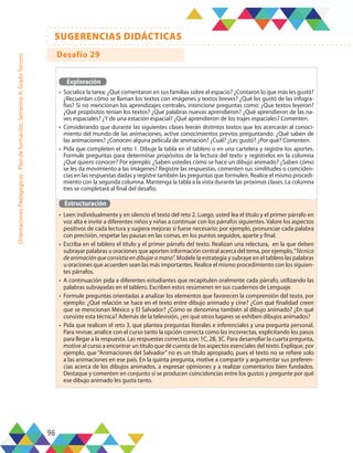 96
SUGERENCIAS DIDÁCTICAS
Orientaciones
Pedagógicas
-
Plan
de
formación,
Semestre
A,
Grado
Tercero
Exploración
•	 Socialice la tarea: ¿Qué comentaron en sus familias sobre el espacio? ¿Contaron lo que más les gustó?
¿Recuerdan cómo se llaman los textos con imágenes y textos breves? ¿Qué les gustó de las infogra-
fías? Si no mencionan los aprendizajes centrales, intencione preguntas como: ¿Que textos leyeron?
¿Qué propósitos tenían los textos? ¿Qué palabras nuevas aprendieron? ¿Qué aprendieron de las na-
ves espaciales? ¿Y de una estación espacial? ¿Qué aprendieron de los trajes espaciales? Comenten.
•	 Considerando que durante las siguientes clases leerán distintos textos que los acercarán al conoci-
miento del mundo de las animaciones, active conocimientos previos preguntando: ¿Qué saben de
las animaciones? ¿Conocen alguna película de animación? ¿Cuál? ¿Les gustó? ¿Por qué? Comenten.
•	 Pida que completen el reto 1. Dibuje la tabla en el tablero o en una cartelera y registre los aportes.
Formule preguntas para determinar propósitos de la lectura del texto y regístrelos en la columna
¿Qué quiero conocer? Por ejemplo: ¿Saben ustedes cómo se hace un dibujo animado? ¿Saben cómo
se les da movimiento a las imágenes? Registre las respuestas, comenten sus similitudes o coinciden-
cias en las respuestas dadas y registre también las preguntas que formulen. Realice el mismo procedi-
miento con la segunda columna. Mantenga la tabla a la vista durante las próximas clases. La columna
tres se completará al final del desafío.
Estructuración
•	 Leen individualmente y en silencio el texto del reto 2. Luego, usted lea el título y el primer párrafo en
voz alta e invite a diferentes niños y niñas a continuar con los párrafos siguientes. Valore los aspectos
positivos de cada lectura y sugiera mejoras si fuese necesario; por ejemplo, pronunciar cada palabra
con precisión, respetar las pausas en las comas, en los puntos seguidos, aparte y final.
•	 Escriba en el tablero el título y el primer párrafo del texto. Realizan una relectura, en la que deben
subrayar palabras u oraciones que aporten información central acerca del tema, por ejemplo,“Técnica
deanimaciónqueconsistíaendibujaramano”. Modele la estrategia y subraye en el tablero las palabras
u oraciones que acuerden sean las más importantes. Realice el mismo procedimiento con los siguien-
tes párrafos.
•	 A continuación pida a diferentes estudiantes que recapitulen oralmente cada párrafo, utilizando las
palabras subrayadas en el tablero. Escriben estos resúmenes en sus cuadernos de Lenguaje.
•	 Formule preguntas orientadas a analizar los elementos que favorecen la comprensión del texto, por
ejemplo: ¿Qué relación se hace en el texto entre dibujo animado y cine? ¿Con qué finalidad creen
que se mencionan México y El Salvador? ¿Cómo se denomina también al dibujo animado? ¿En qué
consiste esta técnica? Además de la televisión, ¿en qué otros lugares se exhiben dibujos animados?
•	 Pida que realicen el reto 3, que plantea preguntas literales e inferenciales y una pregunta personal.
Para revisar, analice con el curso tanto la opción correcta como las incorrectas, explicitando los pasos
para llegar a la respuesta. Las respuestas correctas son: 1C, 2B, 3C. Para desarrollar la cuarta pregunta,
motive al curso a encontrar un título que dé cuenta de los aspectos esenciales del texto. Explique, por
ejemplo, que “Animaciones del Salvador” no es un título apropiado, pues el texto no se refiere solo
a las animaciones en ese país. En la quinta pregunta, motive a compartir y argumentar sus preferen-
cias acerca de los dibujos animados, a expresar opiniones y a realizar comentarios bien fundados.
Destaque y comenten en conjunto si se producen coincidencias entre los gustos y pregunte por qué
ese dibujo animado les gusta tanto.
Desafío 29
 