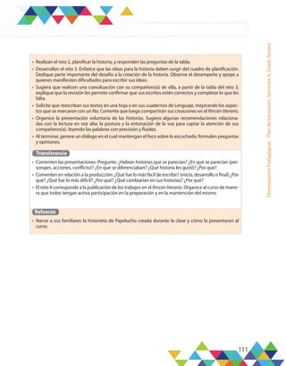 111
Orientaciones
Pedagógicas
-
Plan
de
formación,
Semestre
A,
Grado
Tercero
•	 Realizan el reto 2, planificar la historia, y responden las preguntas de la tabla.
•	 Desarrollan el reto 3. Enfatice que las ideas para la historia deben surgir del cuadro de planificación.
Dedique parte importante del desafío a la creación de la historia. Observe el desempeño y apoye a
quienes manifiesten dificultades para escribir sus ideas.
•	 Sugiera que realicen una coevaluación con su compañero(a) de silla, a partir de la tabla del reto 3;
explique que la revisión les permite confirmar que sus escritos estén correctos y completar lo que les
falta.
•	 Solicite que reescriban sus textos en una hoja o en sus cuadernos de Lenguaje, mejorando los aspec-
tos que se marcaron con un No. Comente que luego compartirán sus creaciones en el Rincón literario.
•	 Organice la presentación voluntaria de las historias. Sugiera algunas recomendaciones relaciona-
das con la lectura en voz alta: la postura y la entonación de la voz para captar la atención de sus
compañeros(a), leyendo las palabras con precisión y fluidez.
•	 Al terminar, genere un diálogo en el cual mantengan el foco sobre lo escuchado, formulen preguntas
y opiniones.
Transferencia
•	 Comenten las presentaciones. Pregunte: ¿Habían historias que se parecían? ¿En qué se parecían (per-
sonajes, acciones, conflicto)? ¿En que se diferenciaban? ¿Qué historia les gustó? ¿Por qué?
•	 Comenten en relación a la producción: ¿Qué fue lo más fácil de escribir? (inicio, desarrollo o final) ¿Por
qué? ¿Qué fue lo más difícil? ¿Por qué? ¿Qué cambiarían en sus historias? ¿Por qué?
•	 El reto 4 corresponde a la publicación de los trabajos en el Rincónliterario. Organice al curso de mane-
ra que todos tengan activa participación en la preparación y en la mantención del mismo.
Refuerzo
•	 Narrar a sus familiares la historieta de Papelucho creada durante la clase y cómo la presentaron al
curso.
 