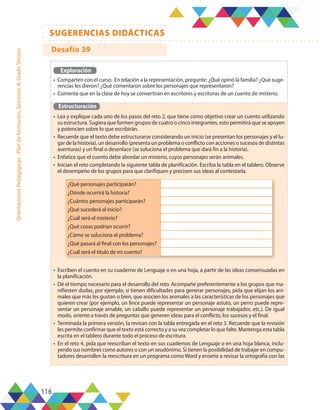 116
SUGERENCIAS DIDÁCTICAS
Orientaciones
Pedagógicas
-
Plan
de
formación,
Semestre
A,
Grado
Tercero
Exploración
•	 Comparten con el curso. En relación a la representación, pregunte: ¿Qué opinó la familia? ¿Qué suge-
rencias les dieron? ¿Qué comentaron sobre los personajes que representaron?
•	 Comente que en la clase de hoy se convertirán en escritores y escritoras de un cuento de misterio.
Estructuración
•	 Lea y explique cada uno de los pasos del reto 2, que tiene como objetivo crear un cuento utilizando
su estructura. Sugiera que formen grupos de cuatro o cinco integrantes, esto permitirá que se apoyen
y potencien sobre lo que escribirán.
•	 Recuerde que el texto debe estructurarse considerando un inicio (se presentan los personajes y el lu-
gar de la historia), un desarrollo (presenta un problema o conflicto con acciones o sucesos de distintas
aventuras) y un final o desenlace (se soluciona el problema que dará fin a la historia).
•	 Enfatice que el cuento debe abordar un misterio, cuyos personajes serán animales.
•	 Inician el reto completando la siguiente tabla de planificación. Escriba la tabla en el tablero. Observe
el desempeño de los grupos para que clarifiquen y precisen sus ideas al contestarla.
•	 Escriben el cuento en su cuaderno de Lenguaje o en una hoja, a partir de las ideas consensuadas en
la planificación.
•	 Dé el tiempo necesario para el desarrollo del reto. Acompañe preferentemente a los grupos que ma-
nifiesten dudas, por ejemplo, si tienen dificultades para generar personajes, pida que elijan los ani-
males que más les gustan o bien, que asocien los animales a las características de los personajes que
quieren crear (por ejemplo, un lince puede representar un personaje astuto, un perro puede repre-
sentar un personaje amable, un caballo puede representar un personaje trabajador, etc.). De igual
modo, oriente a través de preguntas que generen ideas para el conflicto, los sucesos y el final.
•	 Terminada la primera versión, la revisan con la tabla entregada en el reto 3. Recuerde que la revisión
les permite confirmar que el texto está correcto y a su vez completar lo que falte. Mantenga esta tabla
escrita en el tablero durante todo el proceso de escritura.
•	 En el reto 4, pida que reescriban el texto en sus cuadernos de Lenguaje o en una hoja blanca, inclu-
yendo sus nombres como autores o con un seudónimo. Si tienen la posibilidad de trabajar en compu-
tadores desarrollen la reescritura en un programa como Word y enseñe a revisar la ortografía con las
¿Qué personajes participarán?
¿Dónde ocurrirá la historia?
¿Cuántos personajes participarán?
¿Qué sucederá al inicio?
¿Cuál será el misterio?
¿Qué cosas podrían ocurrir?
¿Cómo se soluciona el problema?
¿Qué pasará al final con los personajes?
¿Cuál será el título de mi cuento?
Desafío 39
 