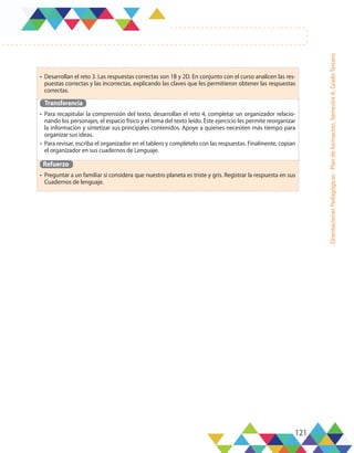 121
Orientaciones
Pedagógicas
-
Plan
de
formación,
Semestre
A,
Grado
Tercero
•	 Desarrollan el reto 3. Las respuestas correctas son 1B y 2D. En conjunto con el curso analicen las res-
puestas correctas y las incorrectas, explicando las claves que les permitieron obtener las respuestas
correctas.
Transferencia
•	 Para recapitular la comprensión del texto, desarrollan el reto 4, completar un organizador relacio-
nando los personajes, el espacio físico y el tema del texto leído. Este ejercicio les permite reorganizar
la información y sintetizar sus principales contenidos. Apoye a quienes necesiten más tiempo para
organizar sus ideas.
•	 Para revisar, escriba el organizador en el tablero y complételo con las respuestas. Finalmente, copian
el organizador en sus cuadernos de Lenguaje.
Refuerzo
•	 Preguntar a un familiar si considera que nuestro planeta es triste y gris. Registrar la respuesta en sus
Cuadernos de lenguaje.
 