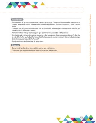125
Orientaciones
Pedagógicas
-
Plan
de
formación,
Semestre
A,
Grado
Tercero
Transferencia
•	 En una ronda de lectura, comparten el cuento con el curso. Comentan libremente los cuentos escu-
chados, respetando turnos para expresar sus ideas y opiniones, formular preguntas y hacer comen-
tarios.
•	 Dialogue con el curso acerca de cuáles son las principales acciones para cuidar nuestro entorno, ex-
presadas en los diferentes cuentos.
•	 Retroalimente el trabajo realizado para que identifiquen sus aciertos y dificultades.
•	 En relación a la escritura del cuento, pregunte: ¿Qué les pareció el cuento que escribieron? ¿Qué fue
lo más difícil? ¿Por qué? ¿Qué fue lo más fácil? ¿Creen que lo podrían mejorar? ¿Cómo? ¿Qué otro tipo
de texto les gustaría escribir? ¿Por qué?
•	 Recoja las hojas para la revisión de la escritura.
Refuerzo
•	 Contar en la familia cómo les resultó el cuento que escribieron.
•	 Comunicar que la próxima clase se realizará la prueba del período.
 