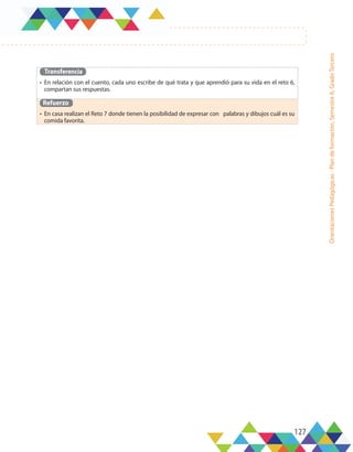 127
Orientaciones
Pedagógicas
-
Plan
de
formación,
Semestre
A,
Grado
Tercero
Transferencia
•	 En relación con el cuento, cada uno escribe de qué trata y que aprendió para su vida en el reto 6,
compartan sus respuestas.
Refuerzo
•	 En casa realizan el Reto 7 donde tienen la posibilidad de expresar con palabras y dibujos cuál es su
comida favorita.
 