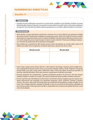 38
SUGERENCIAS DIDÁCTICAS
Orientaciones
Pedagógicas
-
Plan
de
formación,
Semestre
A,
Grado
Tercero
Exploración
•	 Socialice la tarea realizando una puesta en común de lo sucedido con las familias al relatar el cuento
leídoel desafío anterior. Pregunte: ¿Les gustó el cuento sobre la escuela? ¿Qué comentarios realizaron
al respecto? ¿En la familia recordaron qué les gustaba de sus escuelas? ¿Qué recordaron? Comenten.
Estructuración
•	 Antes de leer, y como motivación a la lectura, converse con su curso sobre lo que quisieran cambiar
de nuestro mundo. Puede guiar el diálogo con preguntas como: ¿Qué es lo mejor de nuestro mundo?
¿Qué aspectos te gustaría mejorar de tu ciudad o localidad? ¿De qué manera dañamos nuestro entor-
no? ¿Qué campañas conoces que busquen mejorar nuestro entorno? Promueva el diálogo respetuo-
so e incentive la justificación de las opiniones entregadas.
•	 Para analizar las características del mundo actual y cómo describirían un mundo ideal, copie en el
tablero una tabla como la siguiente. Escriba las opiniones y aportes de niños y niñas.
•	 Invite a leer a todos juntos el texto del reto 1 del Cuaderno de trabajo, mientras usted modela la lec-
tura, respetando las pausas de las comas, y los puntos (seguido, aparte y final). Pregunte si les gustó
el texto leído y por qué. Luego, pida a diferentes niñas o niños que relean el texto por párrafos. Al
terminar cada párrafo pida a otros que resuman o parafraseen el párrafo escuchado.
•	 Formule preguntas de comprensión: ¿Cuántos estudiantes ganaron el concurso? ¿De qué manera
Catalina empezó a cambiar el mundo? ¿Por qué los profesores guías también recibieron premios?
•	 El reto 2 permite que identifiquen la información central de la noticia. Explique que las noticias con-
tienen información que responde a las siguientes preguntas: ¿Qué? ¿Quiénes? ¿Dónde? ¿Cuándo?
¿Cómo? ¿Por qué o para qué? Dé tiempo para que responden las preguntas y luego revíselas con el
curso. Para corregir, pida que subrayen el párrafo en que se encuentra la información solicitada; de
esta manera podrán notar que parte de ella se desprende de la comprensión global del texto y otra
está más localizada.
Mundo actual Mundo ideal
Desafío 11
 
