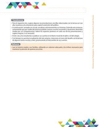 43
Orientaciones
Pedagógicas
-
Plan
de
formación,
Semestre
A,
Grado
Tercero
Transferencia
•	 Para el siguiente reto, sugiera algunas recomendaciones sencillas relacionadas con la lectura en voz
alta, la postura y la entonación para captar la atención del público.
•	 A continuación, sentados en círculo, socializan voluntariamente sus historias, Estimule esta instancia,
comentando que por medio de la lectura podrán conocer muchos recuerdos y situaciones divertidas
vividas por sus compañeros(as). Valore los aspectos positivos en cada una de las presentaciones y
sugiera mejoras, si es necesario.
•	 Invite a las y los estudiantes a publicar sus cuentos en el diario mural de el salón o el del colegio.
•	 Si el tiempo no permite la realización del reto anterior, intencione el cierre del desafío con la lectura
de algunos textos escritos o bien, promoviendo el intercambio de sus cuentos.
Refuerzo
•	 Leer la historia creada a sus familias, utilizando un volumen adecuado y los énfasis necesarios para
mantener la atención de quienes escuchan.
 