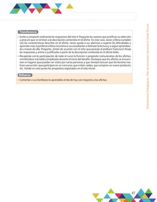 47
Orientaciones
Pedagógicas
-
Plan
de
formación,
Semestre
A,
Grado
Tercero
Transferencia
•	 Invite a compartir oralmente las respuestas del reto 4. Pregunte las razones que justifican su selección
y procure que se remitan a la descripción contenida en el afiche. En este caso, Javier y Elena cumplen
con las características descritas en el afiche. Javier ayuda a sus alumnos a superar las dificultades y
aprender más; la profesora Elena incentiva a sus estudiantes a disfrutar la lectura y a seguir aprendien-
do a través de ella. Pregunte: ¿Están de acuerdo con el niño que postula al profesor Francisco? Acoja
las respuestas y anime a justificarlas a partir de la descripción contenida en el afiche leído.
•	 Recapitule con la participación de todo el curso la función o propósito comunicativo de los afiches,
remitiéndose a la tabla completada durante el inicio del desafío. Destaque que los afiches se encuen-
tran en lugares que puedan ser vistos por varias personas y que siempre buscan que los lectores rea-
licen una acción: que participen en un concurso, que eviten caídas, que compren un nuevo producto,
etc. Señale en este punto los propósitos registrados en el reto inicial.
Refuerzo
•	 Comentar a sus familiares lo aprendido el día de hoy con respecto a los afiches.
 