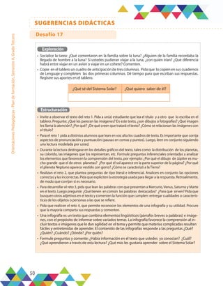 50
SUGERENCIAS DIDÁCTICAS
Orientaciones
Pedagógicas
-
Plan
de
formación,
Semestre
A,
Grado
Tercero
Exploración
•	 Socialice la tarea: ¿Qué comentaron en la familia sobre la luna? ¿Alguien de la familia recordaba la
llegada de hombre a la luna? Si ustedes pudieran viajar a la luna, ¿con quién irían? ¿Qué diferencia
habrá entre viajar en un avión o viajar en un cohete? Comenten.
•	 Copie en el tablero un cuadro de anticipación de tres columnas. Pida que lo copien en sus cuadernos
de Lenguaje y completen las dos primeras columnas. Dé tiempo para que escriban sus respuestas.
Registre sus aportes en el tablero.
Estructuración
•	 Invite a observar el texto del reto 1. Pida a un(a) estudiante que lea el título y a otro que lo escriba en el
tablero. Pregunte: ¿Qué les parecen las imágenes? En este texto, ¿son dibujos o fotografías? ¿Qué imagen
les llama la atención? ¿Por qué? ¿De qué creen que tratará el texto? ¿Cómo se relacionan las imágenes con
el título?
•	 Para el reto 1 pida a distintos alumnos que lean en voz alta los cuadros de texto. Es importante que corrija
aspectos de pronunciación y puntuación (pausas en comas y puntos). Luego, leen en conjunto siguiendo
una lectura modelada por usted.
•	 Durante la lectura deténgase en los detalles gráficos del texto, tales como: la distribución de los planetas,
su colorido, las imágenes que los representan, etc. Formule preguntas inferenciales orientadas a analizar
los elementos que favorecen la comprensión del texto, por ejemplo: ¿Por qué el dibujo de Júpiter es mu-
cho grande que el de otros planetas? ¿Por qué el sol aparece en la parte superior de la página? ¿Por qué
el planeta Neptuno aparece vestido con gorro? ¿Cómo se caracterizó a la Tierra?
•	 Realizan el reto 2, que plantea preguntas de tipo literal e inferencial. Analicen en conjunto las opciones
correctas y las incorrectas. Pida que expliciten la estrategia usada para llegar a la respuesta. Retroalimente,
de modo que corrijan si es necesario.
•	 Para desarrollar el reto 3, pida que lean las palabras con que presentan a Mercurio, Venus, Saturno y Marte
en el texto. Luego pregunte: ¿Qué tienen en común las palabras destacadas? ¿Para qué sirven? Pida que
busquen otros adjetivos en el texto y comenten la función que cumplen: entregar cualidades o caracterís-
ticas de los objetos o personas a las que se refiere.
•	 Pida que realicen el reto 4, que permite reconocer los elementos de una infografía y su utilidad. Procure
que la mayoría comparta sus respuestas y comenten.
•	 Una infografía es un texto que combina elementos lingüísticos (párrafos breves o palabras) e imáge-
nes, con el propósito de informar sobre variados temas. La infografía favorece la comprensión al in-
cluir textos e imágenes que le dan agilidad en el tema y permite que materias complicadas resulten
fáciles y entretenidas de aprender. El contenido de las infografías responde a las preguntas ¿Qué?
¿Quién? ¿Cuándo? ¿Dónde? ¿Por quién?
•	 Formule preguntas y comente: ¿Había información en el texto que ustedes ya conocían? ¿Cuál?
¿Qué aprendieron a través de esta lectura? ¿Qué más les gustaría aprender sobre el Sistema Solar?
¿Qué sé del Sistema Solar? ¿Qué quiero saber de él?
Desafío 17
 