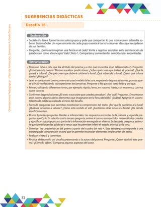 52
SUGERENCIAS DIDÁCTICAS
Orientaciones
Pedagógicas
-
Plan
de
formación,
Semestre
A,
Grado
Tercero
Exploración
•	 Socialice la tarea: forme tres o cuatro grupos y pida que compartan lo que contaron en la familia so-
bre el Sistema Solar. Un representante de cada grupo cuenta al curso las nuevas ideas que recopilaron
de sus familias.
•	 Pregunte: ¿Cómo se imaginan una fiesta en el cielo? Invite a registrar sus ideas en la constelación de
palabras en torno al concepto“cielo”, Reto 1. Comparten y comentan las coincidencias encontradas.
Estructuración
•	 Pida a un niño o niña que lea el título del poema y a otro que lo escriba en el tablero (reto 2). Pregunte:
¿Conocen este poema? Motive a realizar predicciones: ¿Sobre qué creen que tratará el poema? ¿Qué le
pasará a la luna? ¿De qué creen que deberá cuidarse la luna? ¿Qué saben de la luna? ¿Creen que la luna
sueñe? ¿Por qué?
•	 Lean en conjunto el poema, mientras usted modela la lectura, respetando las pausas (comas, puntos apar-
te y final) y enfatizando las expresiones exclamativas. Pregunte si les gustó el texto leído y por qué.
•	 Relean, utilizando diferentes ritmos, por ejemplo: rápido, lento, en susurro, fuerte, con voz ronca, con voz
suave u otras.
•	 Confirmen las predicciones: ¿El texto trata sobre que ustedes pensaban? ¿Por qué? Pregunte: ¿Encontraron
en el poema algunos de los elementos que imaginaron en la fiesta del cielo? ¿Cuáles? Apóyese en la cons-
telación de palabras realizada al inicio del desafío.
•	 Formule preguntas que permitan monitorear la comprensión del texto: ¿Por qué le cantaron a la luna?
¿Quiénes la fueron a saludar? ¿Cómo está vestido el sol? ¿Asistieron otras lunas a la fiesta? ¿De dónde
eran? Comenten.
•	 El reto 3 plantea preguntas literales e inferenciales. Las respuestas correctas de la primera y segunda pre-
guntas son C y A. En relación con la tercera pregunta, anime al curso a compartir los nuevos títulos creados
y a justificar sus propuestas a partir de la información entregada en el texto. En la cuarta pregunta, estimu-
le que identifiquen las palabras o versos que les permiten inferir el estado anímico de la luna.
•	 Sintetice las características del poema a partir del cuadro del reto 4. Esta estrategia corresponde a una
estrategia de comprensión lectora que les permite reconocer elementos importantes del texto.
•	 Realizan el reto 5 y comentan.
•	 Finalice el desarrollo del desafío presentando a la autora del poema. Pregunte: ¿Quién escribió este poe-
ma? ¿Cómo lo saben? Comparta algunos aspectos del autor.
Desafío 18
 