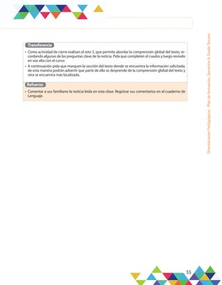 55
Orientaciones
Pedagógicas
-
Plan
de
formación,
Semestre
A,
Grado
Tercero
Transferencia
•	 Como actividad de cierre realizan el reto 5, que permite abordar la comprensión global del texto, re-
cordando algunas de las preguntas clave de la noticia. Pida que completen el cuadro y luego revíselo
en voz alta con el curso.
•	 A continuación pida que marquen la sección del texto donde se encuentra la información solicitada;
de esta manera podrán advertir que parte de ella se desprende de la comprensión global del texto y
otra se encuentra más localizada.
Refuerzo
•	 Comentar a sus familiares la noticia leída en esta clase. Registrar sus comentarios en el cuaderno de
Lenguaje.
 