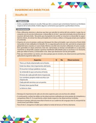 56
SUGERENCIAS DIDÁCTICAS
Orientaciones
Pedagógicas
-
Plan
de
formación,
Semestre
A,
Grado
Tercero
Exploración
•	 Invite a socializar la tarea en voz alta. Pida que den a conocer qué comentarios hicieron sus familiares
respecto de la noticia leída. Analice algunos comentarios que aporten a profundizar el tema.
Estructuración
•	 Pida a diferentes alumnos o alumnas que lean por párrafos la noticia del reto anterior. Luego, lea en
conjunto con el curso las indicaciones a desarrollar en el reto 1, que está orientada a la escritura de un
resumen del texto leído. Recuerde que el propósito de escribir un resumen es desarrollar la capaci-
dad de síntesis, de extraer las ideas principales de un texto y utilizar un lenguaje propio para explicar
el contenido.
•	 Organice al curso en parejas y pida que destaquen las ideas principales que comunica el texto leído
(recuerden el reto realizada en el desafío 16). La segunda parte de este reto permite la comprensión
global del texto creando un nuevo título. Motive a escribir este resumen utilizando el nuevo vocabu-
lario aprendido en clases anteriores. Este reto demandará un tiempo considerable en su ejecución,
monitoree su desarrollo y apoye a quienes manifiesten dificultades para su escritura; si es necesario,
pida que relean el texto y comprueben si las ideas que destacaron son las principales.
•	 Pida que intercambien sus textos con otras parejas para la revisión y las observaciones pertinentes,
aplicando la siguiente tabla (reto 2):
•	 Destaque la importancia de cada uno de estos aspectos para una escritura de calidad.
•	 A continuación, reciben las tablas con las observaciones realizadas por otras parejas de compañeros y
compañeras (Reto 3). Si es pertinente, aclare dudas respecto a las observaciones recibidas.
•	 Siempre en parejas, pida que reescriban el texto en sus cuadernos de Lenguaje (reto 4), incluyendo las
correcciones que deben realizar.
•	 Para el reto 5, reorganice el salón para realizar la ronda de lectura en forma voluntaria.
Aspectos Sí No Observaciones
Tiene un título relacionado con el texto.
Están las ideas más importantes del texto.
El resumen incluye palabras nuevas.
Se entiende lo que comunica el texto.
El inicio de cada párrafo tiene mayúscula.
Los nombres propios están escritos con
mayúscula.
Cada párrafo termina con un punto.
El texto tiene punto final.
La letra es clara.
Desafío 20
 