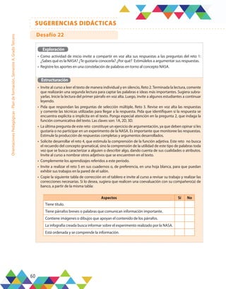 60
SUGERENCIAS DIDÁCTICAS
Orientaciones
Pedagógicas
-
Plan
de
formación,
Semestre
A,
Grado
Tercero
Exploración
•	 Como actividad de inicio invite a compartir en voz alta sus respuestas a las preguntas del reto 1:
¿Sabes qué es la NASA? ¿Te gustaría conocerla? ¿Por qué? Estimúlelos a argumentar sus respuestas.
•	 Registre los aportes en una constelación de palabras en torno al concepto NASA.
Estructuración
•	 Invite al curso a leer el texto de manera individual y en silencio, Reto 2.Terminada la lectura, comente
que realizarán una segunda lectura para captar las palabras e ideas más importantes. Sugiera subra-
yarlas. Inicie la lectura del primer párrafo en voz alta. Luego, invite a algunos estudiantes a continuar
leyendo.
•	 Pida que respondan las preguntas de selección múltiple, Reto 3. Revise en voz alta las respuestas
y comente las técnicas utilizadas para llegar a la respuesta. Pida que identifiquen si la respuesta se
encuentra explícita o implícita en el texto. Ponga especial atención en la pregunta 2, que indaga la
función comunicativa del texto. Las claves son: 1A, 2D, 3D.
•	 La última pregunta de este reto constituye un ejercicio de argumentación, ya que deben opinar si les
gustaría o no participar en un experimento de la NASA. Es importante que monitoree las respuestas.
Estimule la producción de respuestas completas y argumentos desarrollados.
•	 Solicite desarrollar el reto 4, que estimula la comprensión de la función adjetiva. Este reto no busca
el recuerdo del concepto gramatical, sino la comprensión de la utilidad de este tipo de palabras toda
vez que se busca caracterizar a alguien o describir algo, dando cuenta de sus cualidades o atributos.
Invite al curso a nombrar otros adjetivos que se encuentren en el texto.
•	 Complemente los aprendizajes referidos a este período.
•	 Invite a realizar el reto 5 en sus cuadernos o, de preferencia, en una hoja blanca, para que puedan
exhibir sus trabajos en la pared de el salón.
•	 Copie la siguiente tabla de corrección en el tablero e invite al curso a revisar su trabajo y realizar las
correcciones necesarias. Si lo desea, sugiera que realicen una coevaluación con su compañero(a) de
banco, a partir de la misma tabla:
Aspectos Sí No
Tiene título.
Tiene párrafos breves o palabras que comunican información importante.
Contiene imágenes o dibujos que apoyan el contenido de los párrafos.
La infografía creada busca informar sobre el experimento realizado por la NASA.
Está ordenada y se comprende la información.
Desafío 22
 