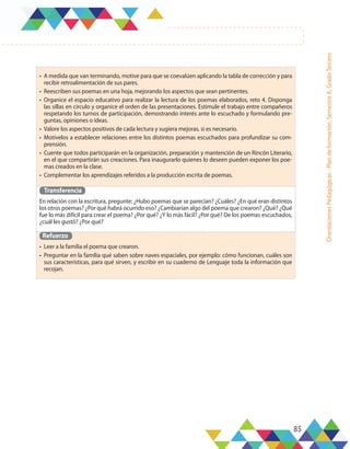 85
Orientaciones
Pedagógicas
-
Plan
de
formación,
Semestre
A,
Grado
Tercero
•	 A medida que van terminando, motive para que se coevalúen aplicando la tabla de corrección y para
recibir retroalimentación de sus pares.
•	 Reescriben sus poemas en una hoja, mejorando los aspectos que sean pertinentes.
•	 Organice el espacio educativo para realizar la lectura de los poemas elaborados, reto 4. Disponga
las sillas en círculo y organice el orden de las presentaciones. Estimule el trabajo entre compañeros
respetando los turnos de participación, demostrando interés ante lo escuchado y formulando pre-
guntas, opiniones o ideas.
•	 Valore los aspectos positivos de cada lectura y sugiera mejoras, si es necesario.
•	 Motívelos a establecer relaciones entre los distintos poemas escuchados para profundizar su com-
prensión.
•	 Cuente que todos participarán en la organización, preparación y mantención de un Rincón Literario,
en el que compartirán sus creaciones. Para inaugurarlo quienes lo deseen pueden exponer los poe-
mas creados en la clase.
•	 Complementar los aprendizajes referidos a la producción escrita de poemas.
Transferencia
En relación con la escritura, pregunte: ¿Hubo poemas que se parecían? ¿Cuáles? ¿En qué eran distintos
los otros poemas? ¿Por qué habrá ocurrido eso? ¿Cambiarían algo del poema que crearon? ¿Qué? ¿Qué
fue lo más difícil para crear el poema? ¿Por qué? ¿Y lo más fácil? ¿Por qué? De los poemas escuchados,
¿cuál les gustó? ¿Por qué?
Refuerzo
•	 Leer a la familia el poema que crearon.
•	 Preguntar en la familia qué saben sobre naves espaciales, por ejemplo: cómo funcionan, cuáles son
sus características, para qué sirven, y escribir en su cuaderno de Lenguaje toda la información que
recojan.
 