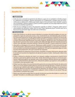 96
SUGERENCIAS DIDÁCTICAS
Orientaciones
Pedagógicas
-
Plan
de
formación,
Semestre
B,
Grado
Tercero
Exploración
•	 Invite al curso a comentar la experiencia de elaborar y jugar con un zumbador en familia, pregun-
te: ¿Elaboraron el zumbador? ¿Quiénes participaron en su elaboración? ¿Estaban claras las instruc-
ciones para su elaboración? ¿Habría que mejorar alguna instrucción para mayor claridad? ¿Jugaron
con el zumbador? ¿Quiénes jugaron? ¿Cómo se sintieron jugando con este juego tradicional casero?
Comenten las distintas experiencias.
•	 Invite al curso a dialogar en torno a las preguntas sugeridas en el Reto 1. Pregunte: ¿Sabes qué es?
¿Has probado este alimento? ¿Sabes cómo se hace? ¿Qué ingredientes lleva? Comente que con la
lectura de hoy aprenderán algo más sobre esta comida típica.
Estructuración
•	 Invite a leer el texto en voz alta de manera individual o en parejas; diciendo las palabras sin error, res-
petando los signos de puntuación (punto, coma, manteniendo una velocidad adecuada al nivel lec-
tor. Al terminar la lectura en voz alta, solicite realizar una segunda lectura, en silencio y en forma indi-
vidual. Luego, oriente para que identifiquen el tipo de texto y su propósito. Destaque que se trata de
un texto instruccional, específicamente, una receta. Pregunte: ¿Dónde han visto o encontramos este
tipo de texto? ¿Conocen otras recetas? ¿Cuáles? ¿Han elaborado algún alimento teniendo presente la
receta? ¿Han oído algún comentario referido a“Recetas de la abuela”? ¿A qué se referirá ese nombre?
•	 ¿Qué partes se distinguen en la receta de:“Mezcla para natilla navideña”? ¿Cuál es la función de cada
una de estas partes? ¿Qué pasaría si no se mencionaran los ingredientes en una receta? ¿Es importan-
te en una receta mencionar la cantidad de los ingredientes? ¿Por qué? ¿Es importante seguir en orden
los pasos de la preparación? ¿Por qué? Comenten las respuestas.
•	 El Reto 3 plantea tres preguntas en torno al texto, orientadas a recuperar información relevante sobre
la secuencia de acciones y la importancia de ejecutar los pasos en orden. Usted puede realizar otras
preguntas.
•	 El Reto 4 refuerza los adverbios de modo. Si es necesario, explique nuevamente la creación de los
adverbios a partir de los adjetivos más el sufijo -mente, destacando que siempre se conserva la acen-
tuación original del adjetivo, por ejemplo: suave. Invite a proponer distintas opciones que completen
correcta y coherentemente cada instrucción, utilizando las palabras que aparecen como posibles en
la actividad y otras que puedan surgir.
•	 El Reto 5 permite realizar el reconocimiento de las partes de una receta y de la función de cada una de
ellas. Si su curso lo requiere puede reiterar la estructura de este tipo de textos. Compare con el texto
instructivo que realizaron para explicar la elaboración de un zumbador. Destaque sus semejanzas y
el matiz de diferencia asociado a la preparación de alimentos. Por ejemplo: ¿Cómo se llama a la lista
de implementos necesarios en un instructivo cualquiera? ¿Cómo se llama en una receta? Pida que
intercambien y comenten este cuadro.
•	 Reitere que estos textos pueden llevar un párrafo introductorio que describa el plato en cuestión, por
ejemplo:“Este plato es una delicia para compartir en familia…”.
Desafío 73
 