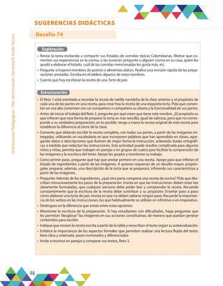 98
SUGERENCIAS DIDÁCTICAS
Orientaciones
Pedagógicas
-
Plan
de
formación,
Semestre
B,
Grado
Tercero
Exploración
•	 Revise la tarea invitando a compartir sus listados de comidas típicas Colombianas. Motive que co-
menten sus experiencias en la cocina, si las tuvieran; pregunte si alguien cocina en su casa, quién les
ayudó a elaborar el listado, cuál de las comidas mencionadas les gusta más, etc.
•	 Pregunte si trajeron nombres de postres o alimentos dulces. Realice una revisión rápida de las prepa-
raciones anotadas. Escriba en el tablero algunos de estos nombres.
•	 Cuente que hoy escribirán la receta de una Torta de pan.
Estructuración
•	 El Reto 1 está orientada a recordar la receta de natilla navideña de la clase anterior y el propósito de
cada una de las partes en una receta, para crear hoy la receta de una exquisita torta. Pida que comen-
ten en voz alta comenten con un compañero o compañera su silueta y la funcionalidad de sus partes.
•	 Antes de iniciar el trabajo del Reto 2, pregunte por qué creen que tiene este nombre. ¿El propósito es
que infieran que esta forma de preparar la torta es más sencilla, igual de sabrosa, pero que no corres-
ponde a su verdadera preparación; en lo posible, tenga a mano la receta original de esta receta para
establecer la diferencia al cierre de la clase.
•	 Comente que deberán escribir la receta completa, con todas sus partes, a partir de las imágenes en-
tregadas, utilizando un vocabulario en que incorporen palabras que han aprendido en clases, agre-
gando datos o descripciones que ilustren de mejor forma la instrucción, aclarando dudas ortográfi-
cas a medida que redactan las instrucciones. Esta actividad puede resultar complicada para algunos
niños y niñas, permita que trabajen en parejas o en grupos de cuatro para facilitar la comprensión de
las imágenes y la escritura del texto. Apoye los grupos y monitoree su trabajo.
•	 Como primer paso, pregunte qué hay que anotar primero en una receta. Apoye para que infieran el
listado de ingredientes a partir de las imágenes. A quienes requieran de un desafío mayor, propón-
gales preparar, además, una descripción de la torta que se preparará, infiriendo sus características a
partir de las imágenes.
•	 Pregunte: Además de los ingredientes, ¿qué otra parte compone una receta de cocina? Pida que des-
criban minuciosamente los pasos de la preparación. Insista en que las instrucciones deben estar tan
claramente formuladas, que cualquier persona debe poder leer y comprender la receta. Recuerde
constantemente que la escritura de la receta debe contribuir a su propósito: Enseñar paso a paso
cómo elaborar una torta de pan. Insista en que no deben saltarse ningún paso. Recuerde la importan-
cia de los verbos en las instrucciones, los que habitualmente se utilizan en infinitivo o en imperativo.
•	 Deténgase en la diferencia que existe entre estas opciones.
•	 Monitoree la escritura de la preparación. Si hay estudiantes con dificultades, haga preguntas que
les permitan“desglosar”las imágenes en sus acciones constitutivas, de manera que puedan generar
contenidos para escribir.
•	 Indique que revisen la receta escrita a partir de la tabla y reescriban el texto según su autoevaluación.
•	 Enfatice la importancia de los aspectos formales que permiten realizar una lectura fluida del texto:
letra clara y ordenada, pasos numerados y diferenciados
•	 Invite a reunirse en parejas y comparar sus textos, Reto 3.
Desafío 74
 