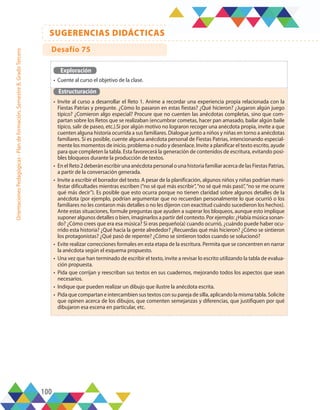 100
SUGERENCIAS DIDÁCTICAS
Orientaciones
Pedagógicas
-
Plan
de
formación,
Semestre
B,
Grado
Tercero
Exploración
•	 Cuente al curso el objetivo de la clase.
Estructuración
•	 Invite al curso a desarrollar el Reto 1. Anime a recordar una experiencia propia relacionada con la
Fiestas Patrias y pregunte. ¿Cómo lo pasaron en estas fiestas? ¿Qué hicieron? ¿Jugaron algún juego
típico? ¿Comieron algo especial? Procure que no cuenten las anécdotas completas, sino que com-
partan sobre los Retos que se realizaban (encumbrar cometas, hacer pan amasado, bailar algún baile
típico, salir de paseo, etc.).Si por algún motivo no lograron recoger una anécdota propia, invite a que
cuenten alguna historia ocurrida a sus familiares. Dialogue junto a niños y niñas en torno a anécdotas
familiares. Si es posible, cuente alguna anécdota personal de Fiestas Patrias, intencionando especial-
mente los momentos de inicio, problema o nudo y desenlace. Invite a planificar el texto escrito, ayude
para que completen la tabla. Esta favorecerá la generación de contenidos de escritura, evitando posi-
bles bloqueos durante la producción de textos.
•	 En el Reto 2 deberán escribir una anécdota personal o una historia familiar acerca de las Fiestas Patrias,
a partir de la conversación generada.
•	 Invite a escribir el borrador del texto. A pesar de la planificación, algunos niños y niñas podrían mani-
festar dificultades mientras escriben (“no sé qué más escribir”,“no sé qué más pasó”,“no se me ocurre
qué más decir”). Es posible que esto ocurra porque no tienen claridad sobre algunos detalles de la
anécdota (por ejemplo, podrían argumentar que no recuerdan personalmente lo que ocurrió o los
familiares no les contaron más detalles o no les dijeron con exactitud cuándo sucedieron los hechos).
Ante estas situaciones, formule preguntas que ayuden a superar los bloqueos, aunque esto implique
suponer algunos detalles o bien, imaginarlos a partir del contexto. Por ejemplo: ¿Había música sonan-
do? ¿Cómo crees que era esa música? Si eras pequeño(a) cuando ocurrió, ¿cuándo puede haber ocu-
rrido esta historia? ¿Qué hacía la gente alrededor? ¿Recuerdas qué más hicieron? ¿Cómo se sintieron
los protagonistas? ¿Qué pasó de repente? ¿Cómo se sintieron todos cuando se solucionó?
•	 Evite realizar correcciones formales en esta etapa de la escritura. Permita que se concentren en narrar
la anécdota según el esquema propuesto.
•	 Una vez que han terminado de escribir el texto, invite a revisar lo escrito utilizando la tabla de evalua-
ción propuesta.
•	 Pida que corrijan y reescriban sus textos en sus cuadernos, mejorando todos los aspectos que sean
necesarios.
•	 Indique que pueden realizar un dibujo que ilustre la anécdota escrita.
•	 Pida que compartan e intercambien sus textos con su pareja de silla, aplicando la misma tabla. Solicite
que opinen acerca de los dibujos, que comenten semejanzas y diferencias, que justifiquen por qué
dibujaron esa escena en particular, etc.
Desafío 75
 
